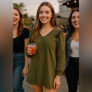 Olive green mini dress Sz M.. So comfortable, it is a sweatshirt dress